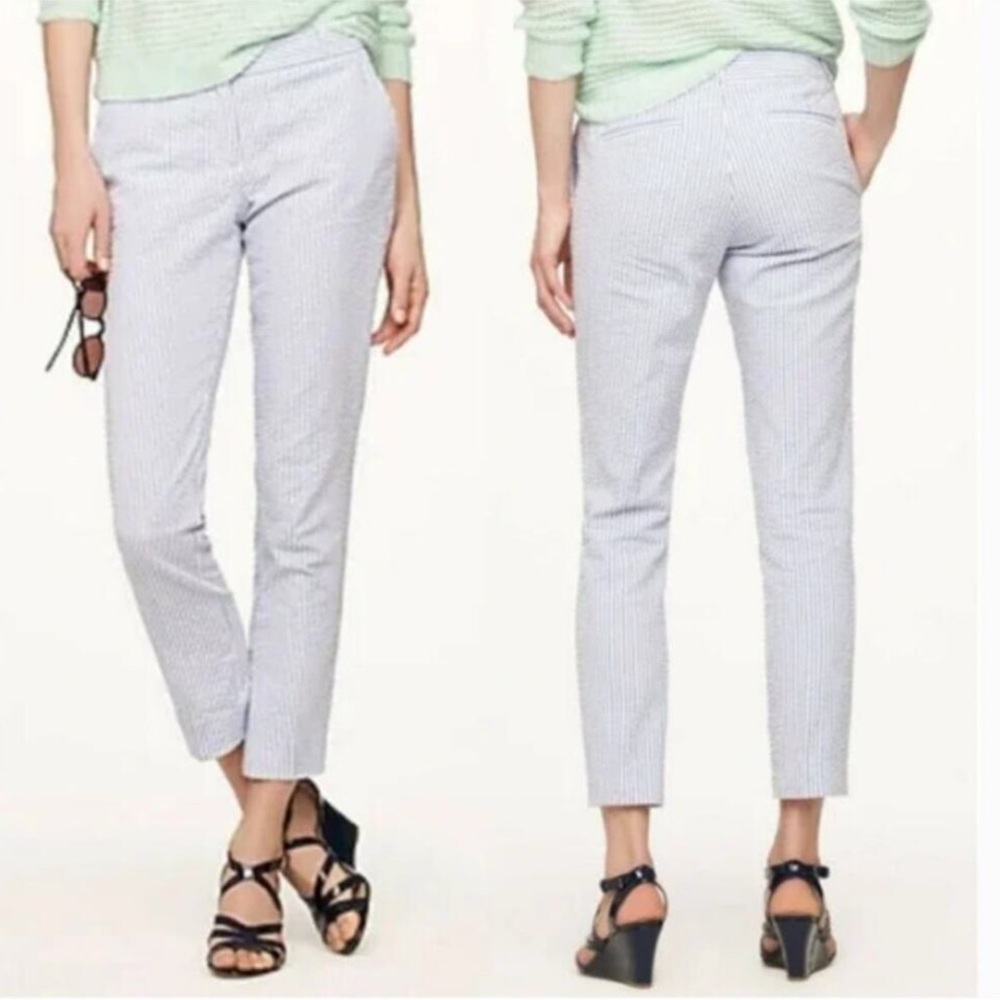 J. Crew Blue and White Cropped SEERSUCKER Pants Size 4 Preppy Lightweight Summer